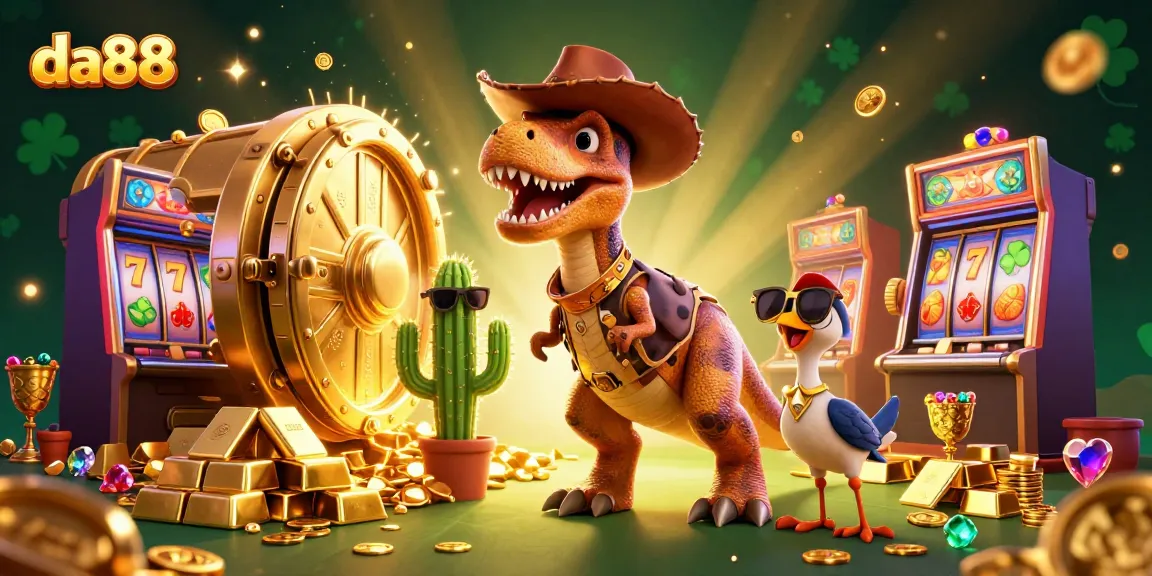 Play at da88 casino with vibrant characters and dazzling treasure in this dynamic 3D illustration.