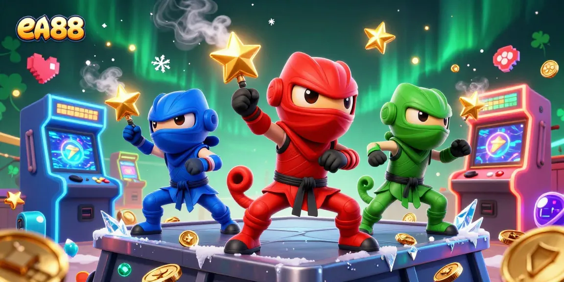 Engage with ea88's exciting casino scene featuring ninja chameleons and vibrant game elements.