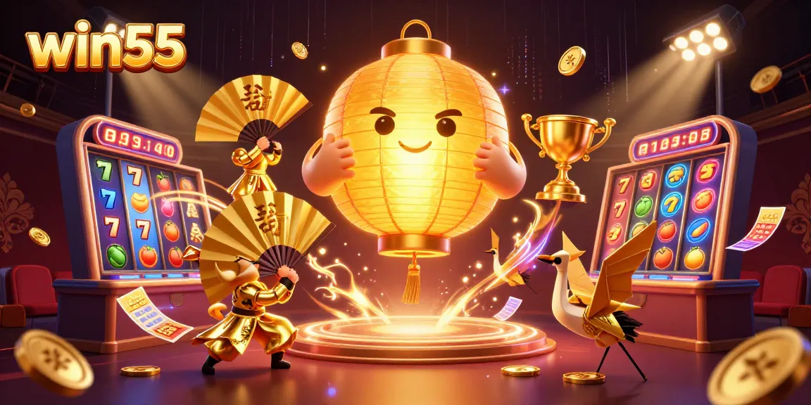 Bet big with win55 at a colorful casino featuring dynamic slots, gold coins, and spiritual characters.