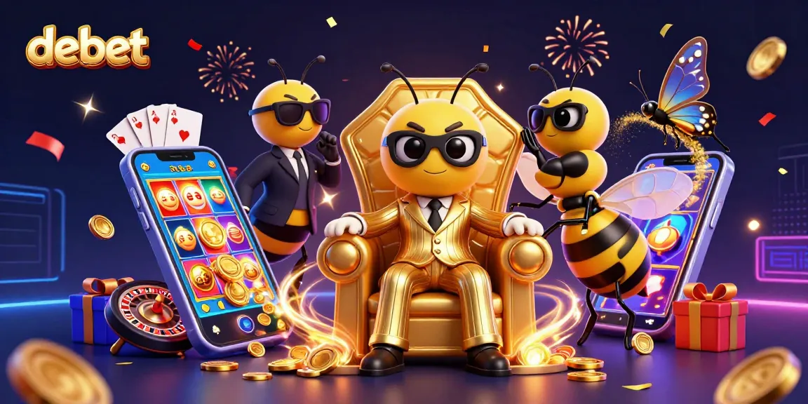 Play slots and win big with debet, featuring a bumblebee mob boss surrounded by gaming elements.