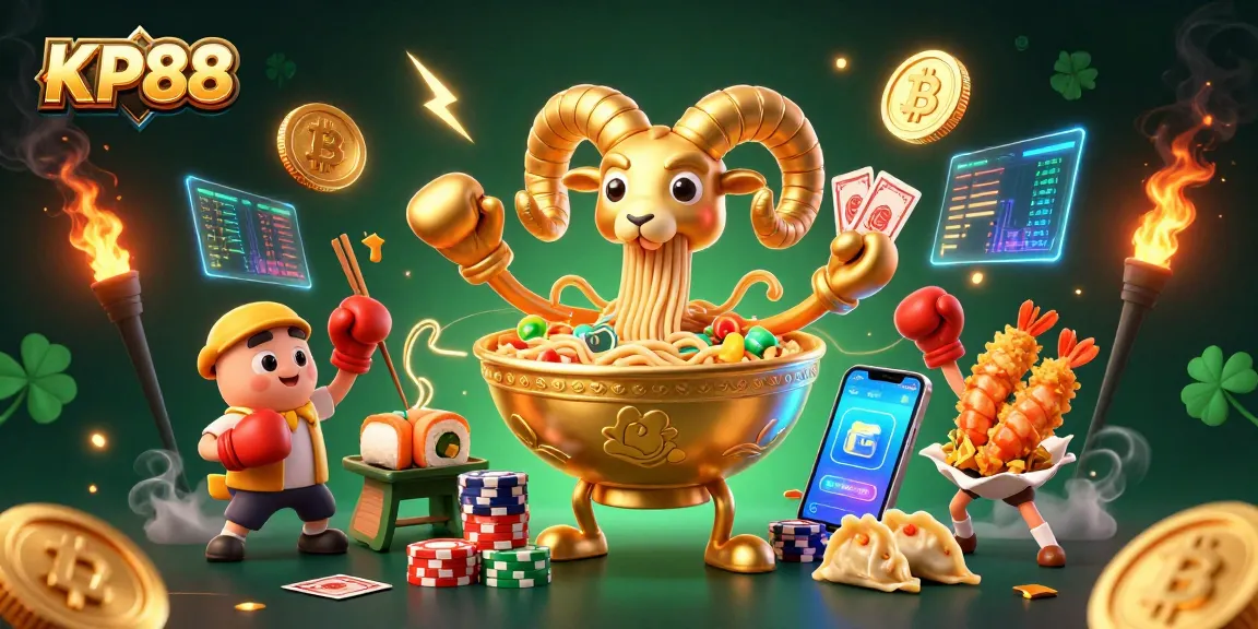 KP88 engages players with a fun scene of a ramen bowl dealer alongside vibrant crypto elements