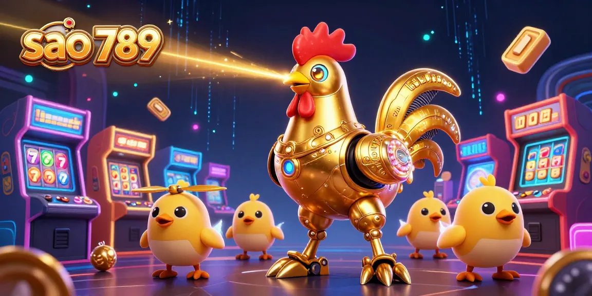Shoot for jackpots at sao 789 with a vibrant illustration of a golden rooster robot leading a colorful gaming adventure.