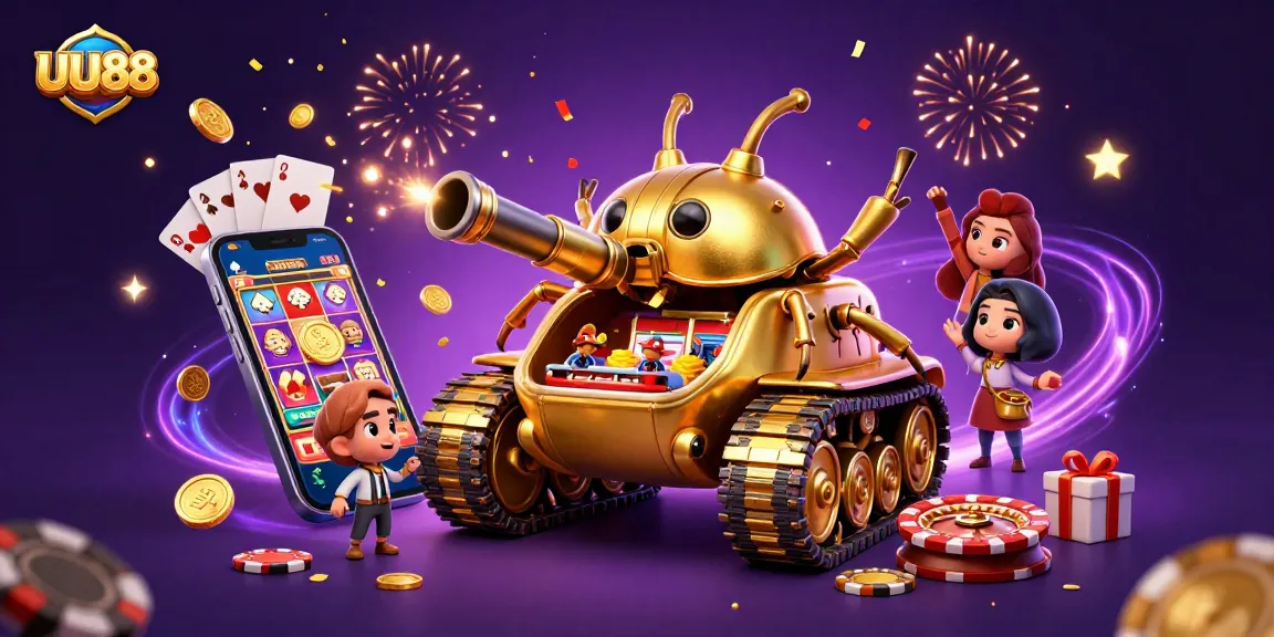 UU88 brings excitement with a golden beetle tank revealing a miniature casino, coins and confetti flying.