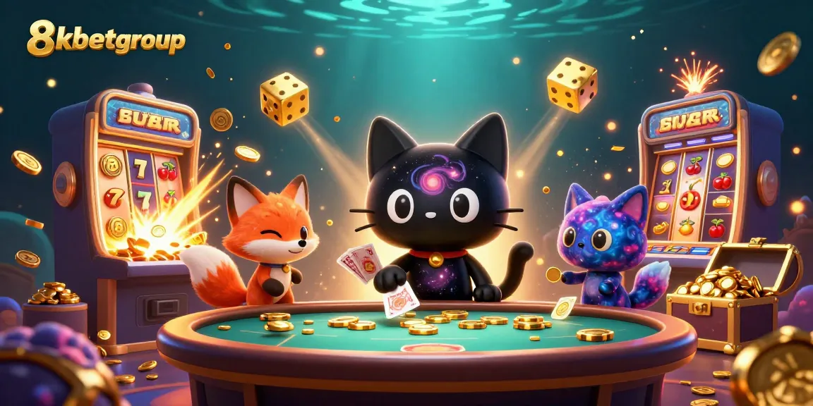 Join the thrilling action at 8kbetgroup with the cosmic casino scene, featuring cats and vibrant game elements