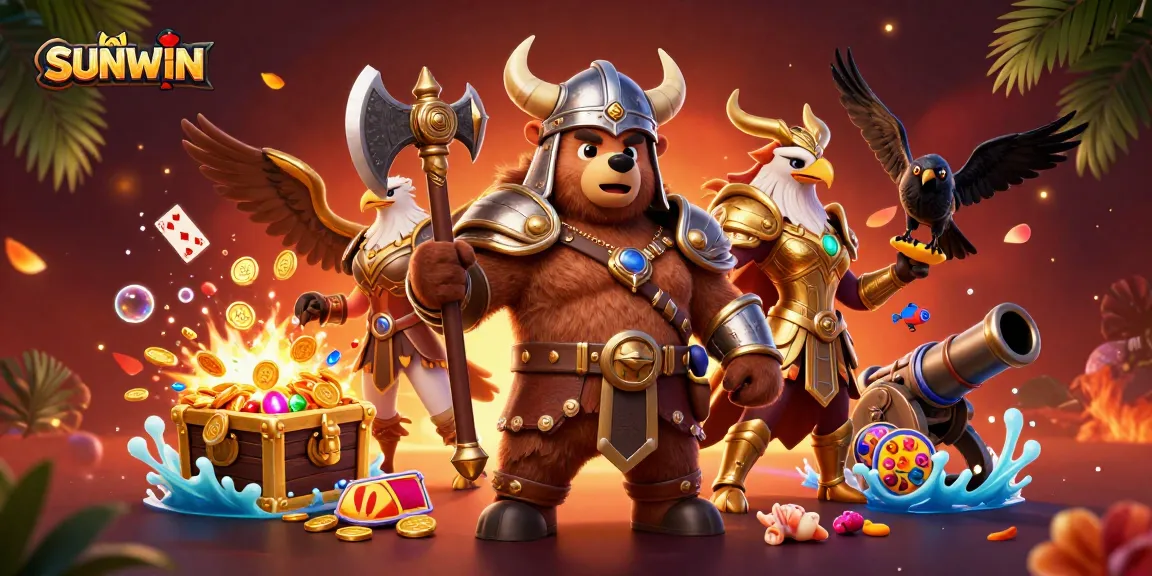 SUNWIN offers thrilling gaming experiences with a vibrant Viking bear and Valkyrie eagle amidst casino adventure elements.