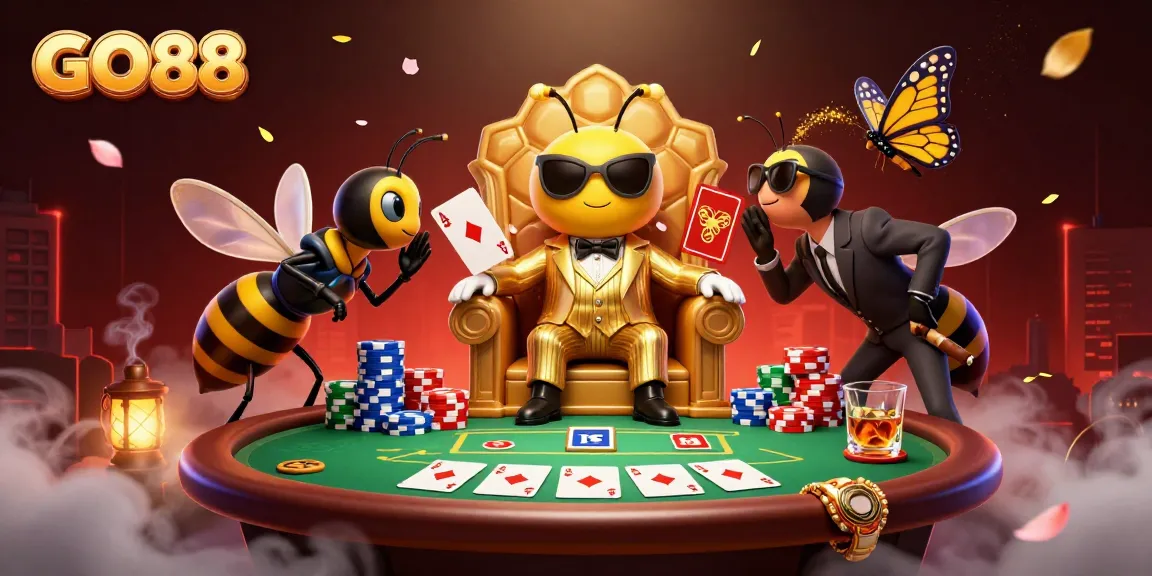 Experience thrilling poker action at GO88 with a vibrant scene featuring a cartoon mob boss and game elements.