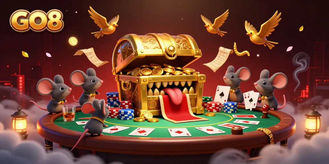 Play and win at GO8 with vibrant casinos, poker tables, and a treasure chest attractively luring adventurers.
