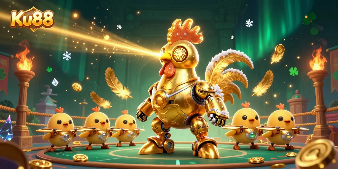 Experience thrilling gameplay at Ku88, featuring dynamic scenes with a golden rooster robot and betting tokens.