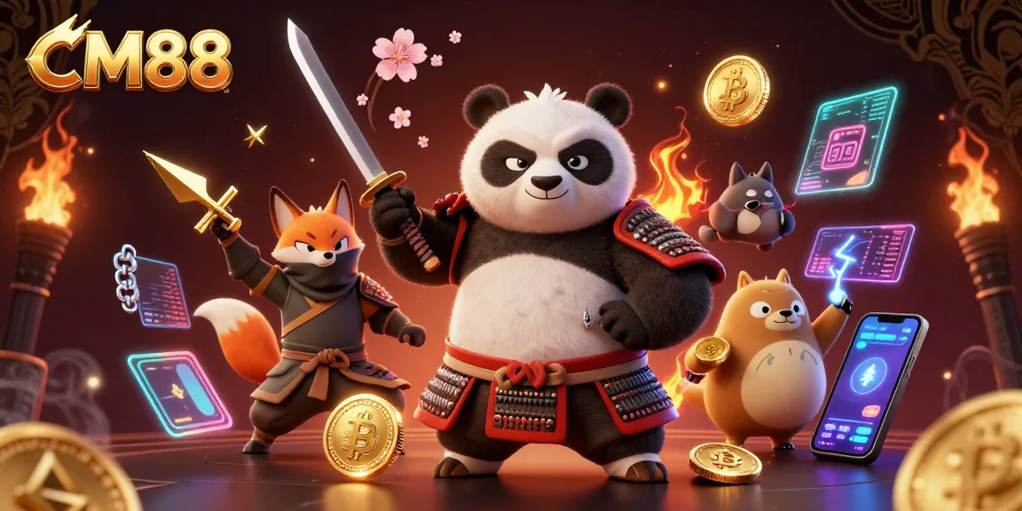 Experience thrilling gameplay at CM88 with a dynamic samurai and fox characters in a vibrant casino scene.