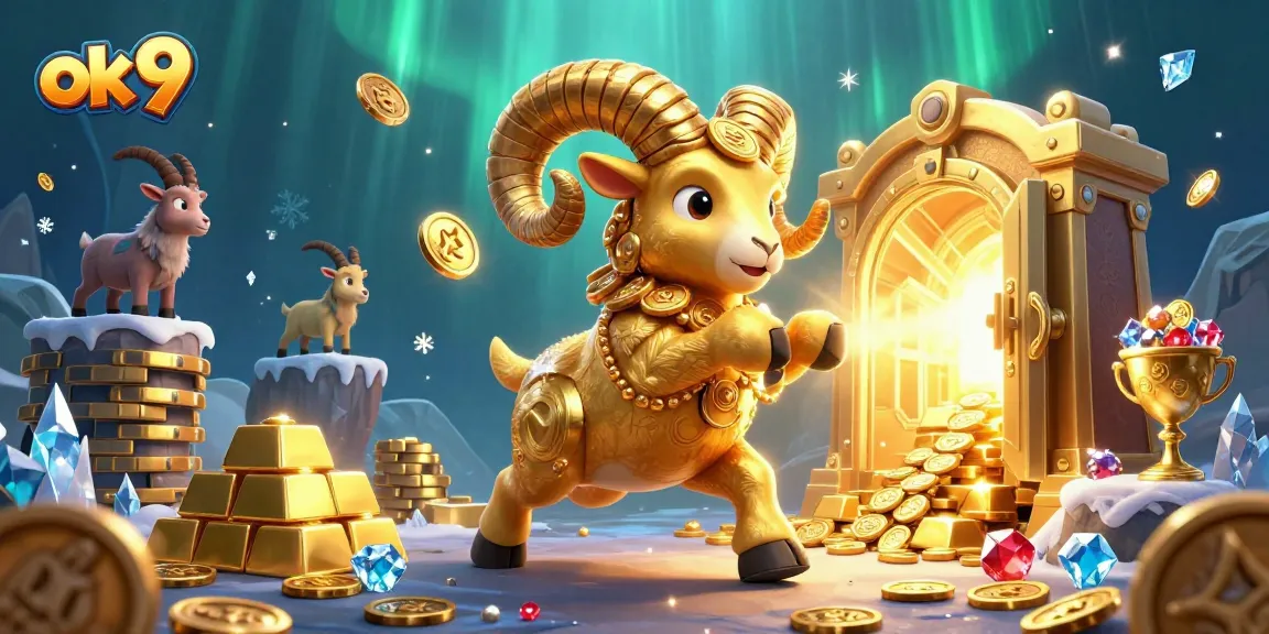 Bet big at ok 9 with a jubilant golden ram celebrating amidst treasures and jackpots.