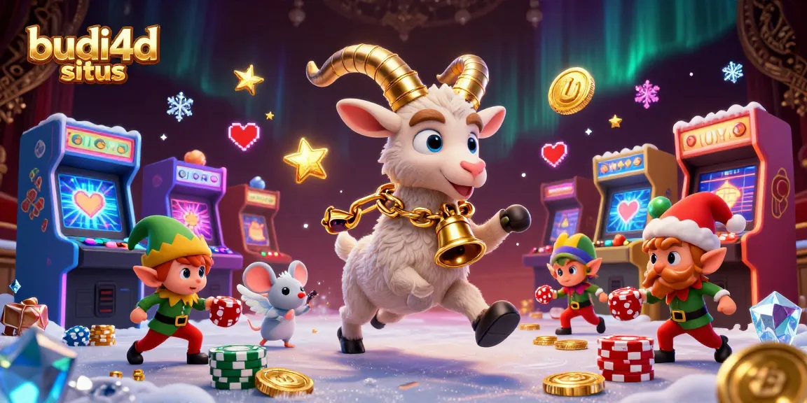 BUDI4D situs showcases a festive casino scene where Krampus and characters engage in lively gaming excitement.