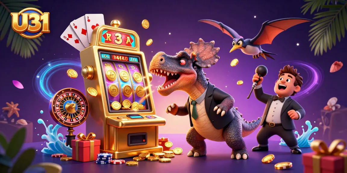 U31 engages players with vibrant 3D scene of a dinosaur at a winning slot machine, capturing jackpot excitement.