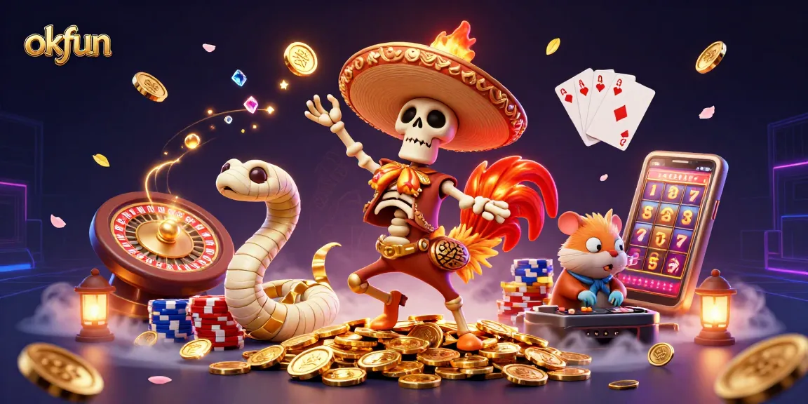 Experience the thrill of gaming at okfun as colorful characters celebrate amidst flying coins and gems.