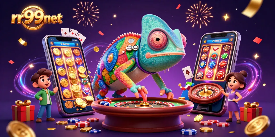 rr99net showcases thrilling casino action with a vibrant chameleon owner and golden coins.