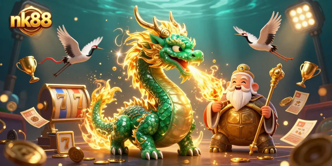 Experience thrilling games at nk88 with a vibrant illustration of a dragon amidst casino elements.