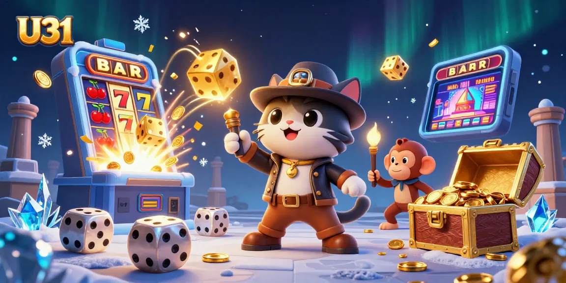 U31 slots jackpot explosion featuring a cartoon archaeologist cat and monkey companion.