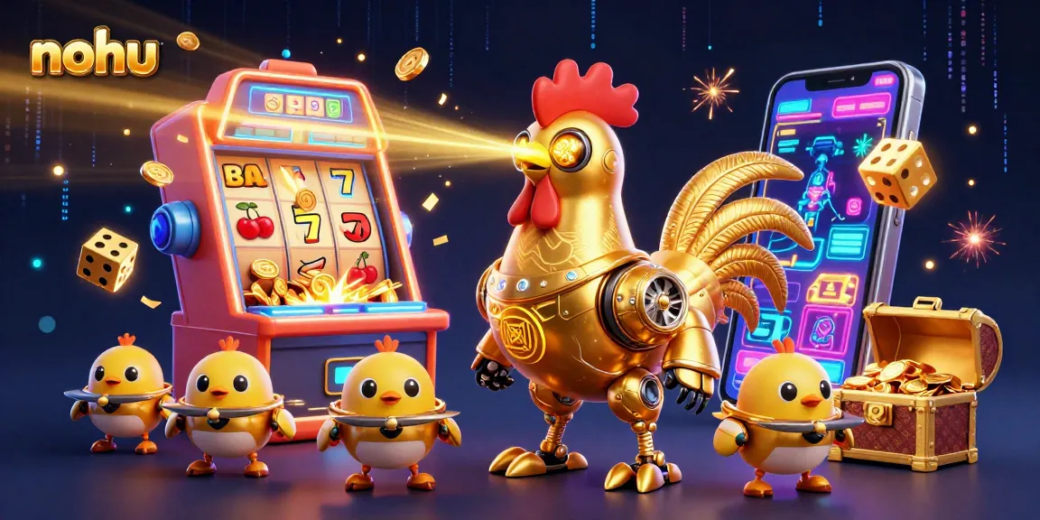 Experience nohu with this vibrant casino scene of a golden rooster robot amid exciting gaming elements.