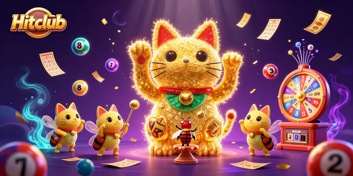 Experience the vibrant excitement of Hitclub with a golden cat and casino symbols amid dynamic game elements.