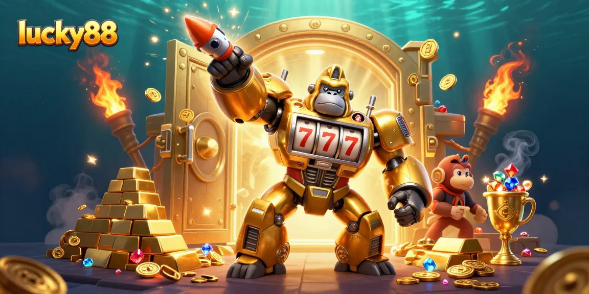Win big at lucky88 with a vibrant scene featuring a golden gorilla mech and treasure