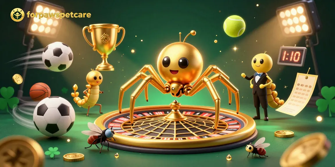 forpawspetcare showcases a spider spinning a roulette wheel web, with sports elements around.